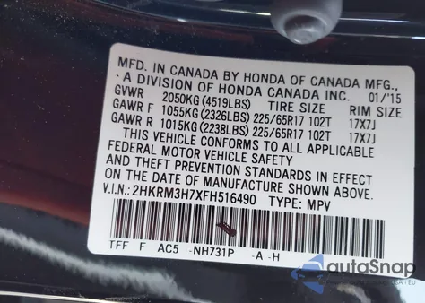 2015 Honda Cr-V Ex-L z USA, uszkodzony, nr VIN 2HKRM3H7XFH516490